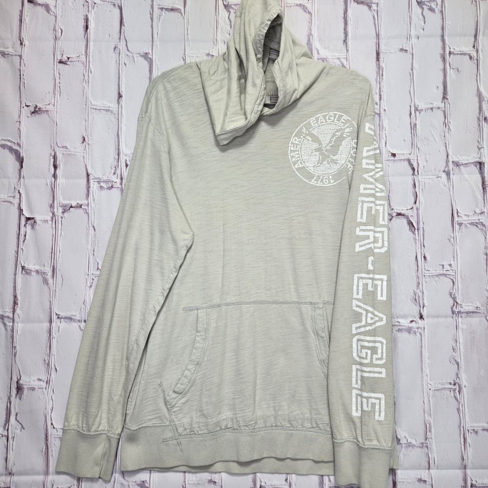 American Eagle Creme Beige Long Sleeve Hooded T-Shirt Graphic Eagle Slub Mens L